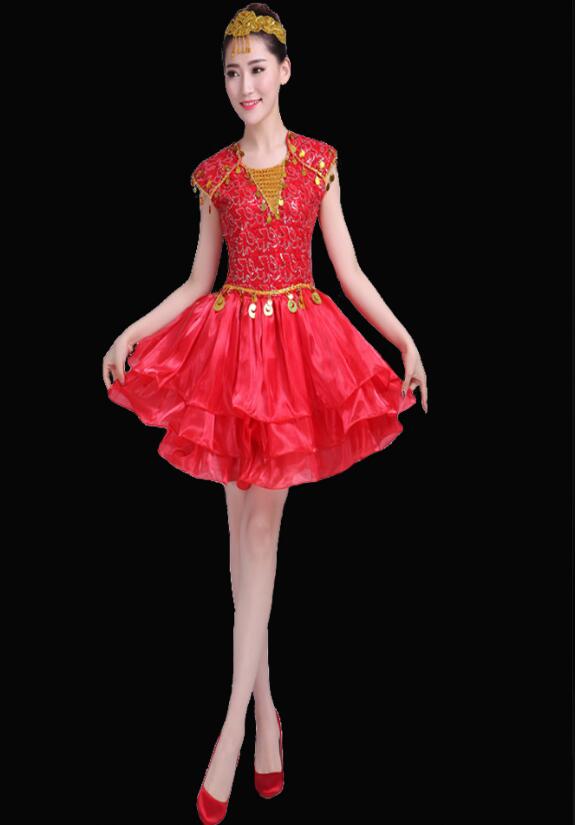 06WD0172_现代舞演出服亮片女成人服装连衣裙舞蹈服装红色